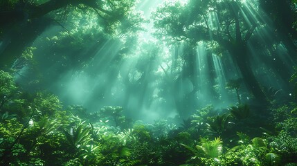 Delve into the depths of an AI-generated rainforest, where towering trees form a verdant canopy overhead and exotic flora and fauna thrive in abundance, untouched by human hands.