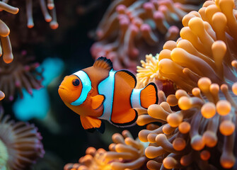 Naklejka na ściany i meble A stunning close-up shot of a colorful clown fish swimming in a coral reef ecosystem