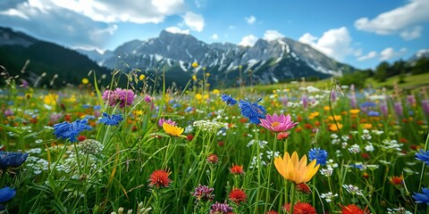 A variety of wild flowers blooming in alpine meadows with a big space and sky backdrop for text or floral backdrop for product advertisement, Generative AI. - obrazy, fototapety, plakaty