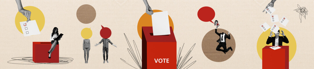 Composite collage panorama image of confidential candidate balloting elect citizen congress...