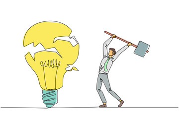 Continuous one line drawing businessman preparing to hit a big lightbulb. The thrashing anger. Failed to secure a brilliant business idea. Destruction. Single line draw design vector illustration