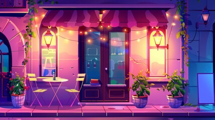 The scene is a night city cafe with a black and white cartoon background. The cafeteria facade has a bulb light garland and a plant on the terrace. An evening cafe on the sidewalk in the evening has - obrazy, fototapety, plakaty