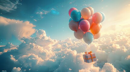 Box flying in the sky tied to colorful balloons - obrazy, fototapety, plakaty