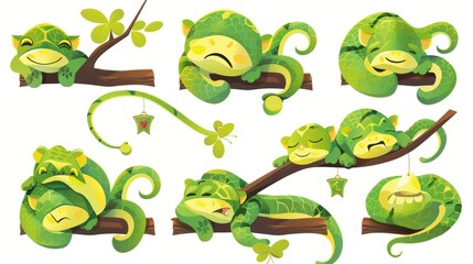 Characters of green snakes isolated on white background. Modern cartoon illustration of cute serpent mascots sleeping in hats, holding banners of likes and dislikes, angry, on a branch of a tree in a - obrazy, fototapety, plakaty