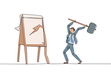 Continuous one line drawing businessman preparing to hit the big flip chart. Rampage. Destroy business reports that are not as desired. Anger exploded. Single line draw design vector illustration