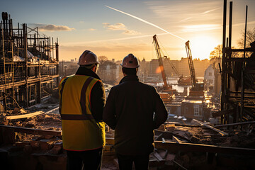 Two construction workers in safety gear looking at a construction site, evaluating progress and discussing next steps