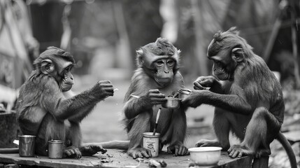 Monkeys have been observed exhibiting behaviors that resemble cultural practices, such as using tools or teaching skills to younger generations. In a society where monkeys replace humans - obrazy, fototapety, plakaty