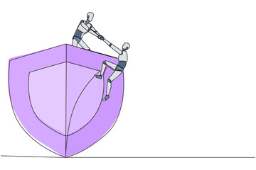 Continuous one line drawing smart robotic helps colleague climbs the big shield. Teamwork keeps colleagues safe from evil robotic. Helping each other. Single line draw design vector illustration