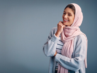 Fashion, woman and hijab in studio, smile and isolated on gray background. Head scarf, Ramandan and...