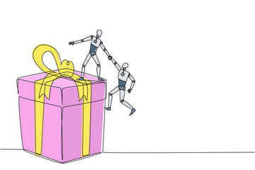 Single continuous line drawing smart robotic helps colleague climb the big gift box. Integrated teamwork to reach highest level for rewards. Helping each other. One line design vector illustration
