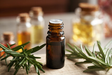 A dark bottle of aromatherapy essential oil with fresh rosemary plant