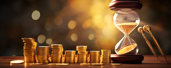 hourglass sand and coins on black bokeh background Time is money concept A wooden clock sits on a table 