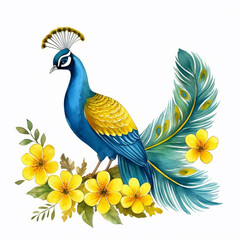 Obraz premium Peacock with flowers and leaves isolated on white background. Watercolor illustration