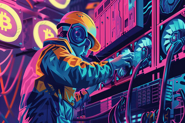 vibrant illustration of an engineer working on a local retrofuturistic gear in bitcoin mining facility - obrazy, fototapety, plakaty