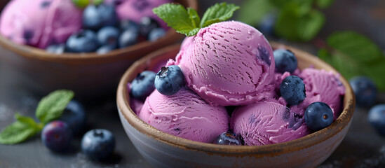Blueberry ice cream dessert, gelato, sorbet. Sweet food. Purple icecream with berries.	

