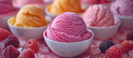 Berry, raspberry, mango ice cream dessert, gelato, sorbet. Sweet food. Pink icecream with berries.	
