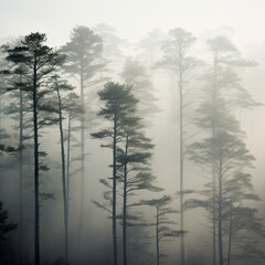 Fototapeta na wymiar Mystical Layers: A Foggy View of Trees in Mist