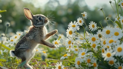  A charming scene of a fluffy rabbit nestled amidst a vast field of white daisy flowers, their petals swaying gently in the breeze.