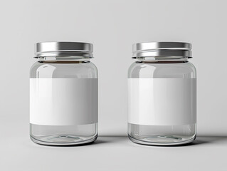 two empty glass jars with blank label for mockup 