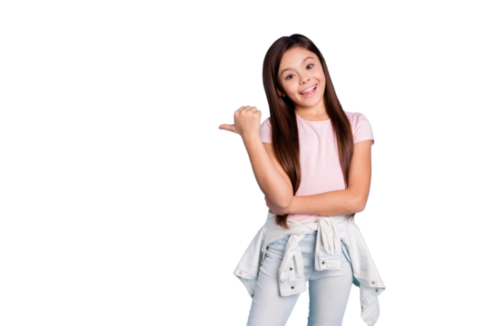 Portrait of her she nice cute lovely sweet trendy pretty attractive cheerful straight-haired brunette girl pointing aside copy empty blank space isolated over blue pastel background