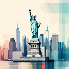 Statue of Liberty over New York cityscape background. Double exposure