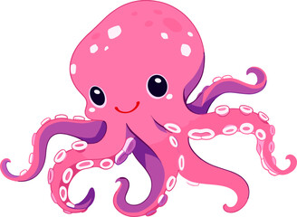 Cute pink octopus cartoon character with a cheerful expression. Flat vector illustration.