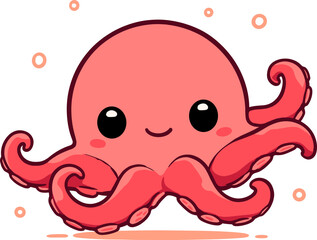 Adorable cartoon character octopus with a big smile and playful tentacles. Flat vector illustration.