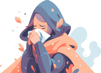 A person sneezing into a tissue surrounded by a backdrop of leaves. Autumn season, flu.