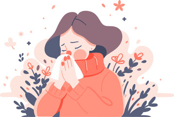 Illustration of a woman with allergies in a vibrant, floral environment.
