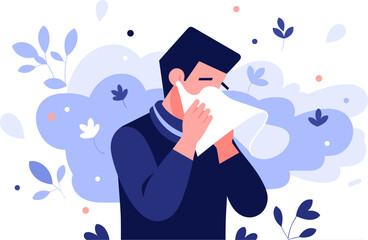 Sneezing man allergic to plants, seasonal allergy. Flu or cold symptom. Man covering cough with napkin. Medical poster flat vector illustration.