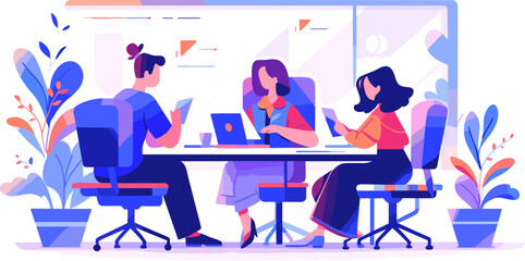 Vector illustration of a diverse team engaged in a collaborative office meeting, promoting teamwork and discussion. Office symbol.