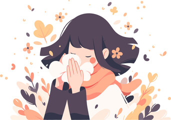 Graphic vector illustration of woman sneezing into a tissue, sick, seasonal allergies, winter.