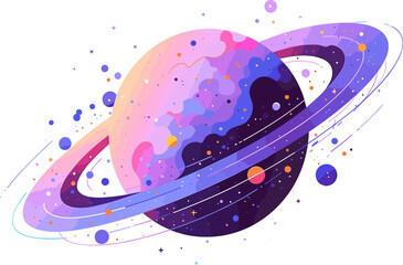 Colorful vector illustration of a planet surrounded by celestial rings and floating orbs.