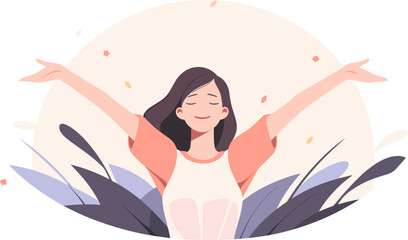 Cheerful vector illustration of a woman surrounded by stylized flora, harmony with nature, happiness, good mood.