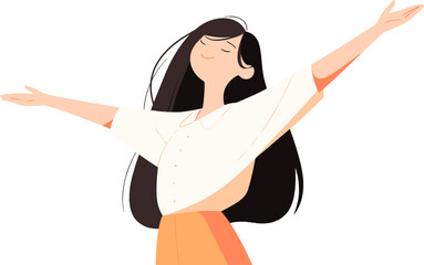 Vector illustration of a woman with arms up. Happiness, summer welcome.