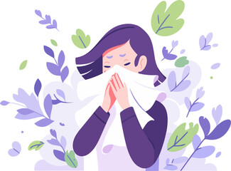 Female allergic to spring flowers sneezing. Seasonal allergy diagnosis, immunotherapy. Flat vector illustration.
