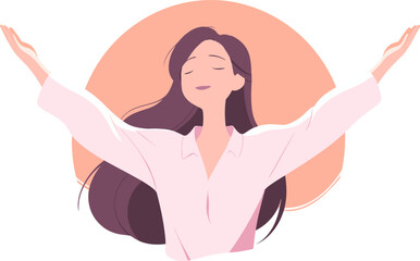 Vector illustration of a serene woman with outstretched arms embracing sunlight, symbolizing freedom and joy.