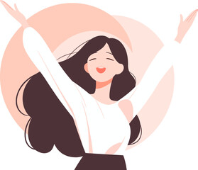 A cheerful woman with arms raised. Happiness, spring season. Flat vector illustration.
