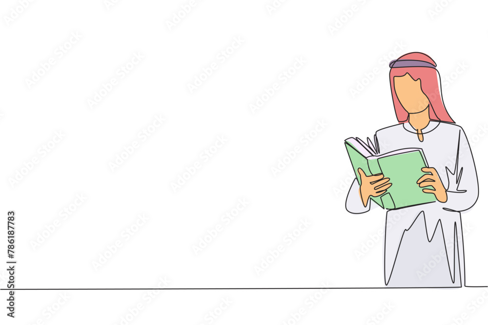 Poster continuous one line drawing arab man focus on reading. try to find answer to the tasks given. seek m