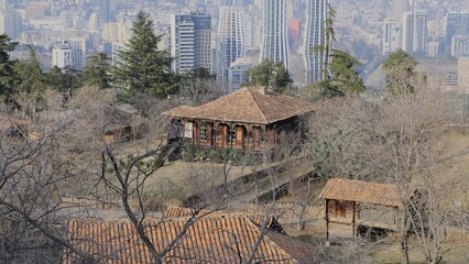 Tbilisi Open Air Museum of Ethnography, modern buildings in the background - obrazy, fototapety, plakaty