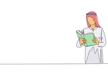 Continuous one line drawing Arab man focus on reading. Try to find answer to the tasks given. Seek more knowledge. Reading increases insight. Happy reading. Single line draw design vector illustration