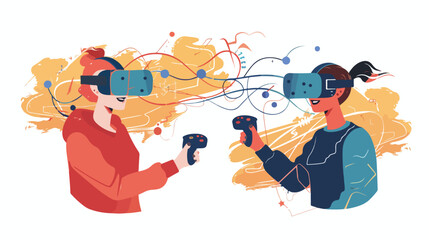 Man woman using VR headsets experiencing virtual real
