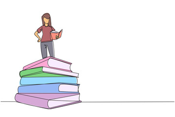 Continuous one line drawing woman standing on pile of books reading fiction story book. Intrigued by book series. Read anywhere to finish reading. Reading. Single line draw design vector illustration