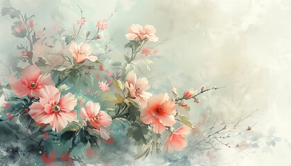 Artistic watercolor florals in pastels, serene and soft, with ample room for copy - obrazy, fototapety, plakaty