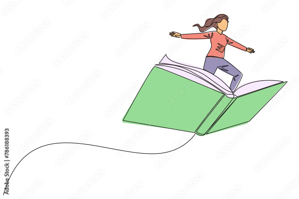 Sticker Single continuous line drawing woman standing on large flying open book. Like riding a cloud, able to fly as high as possible. Reading increases insight. Love read. One line design vector illustration