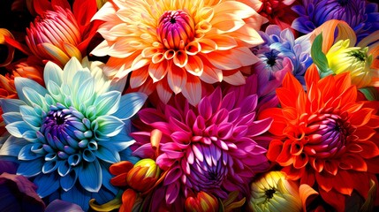 Close up of various colorful dahlia flowers with detailed petals in shades of orange, red, blue, and yellow - obrazy, fototapety, plakaty
