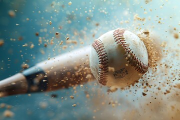 A close shot of a bat hitting a baseball with a field backdrop with big space for text or product advertisement, Generative AI.