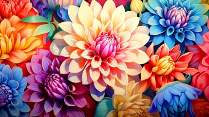 Close up of vibrant, multi colored flowers with detailed petals in various stages of bloom against a colorful background - obrazy, fototapety, plakaty