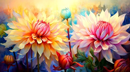 Colorful blooming flowers with a soft focus background
