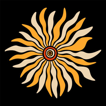 recommend clip art: Stylized colorful flower with beige and yellow petals isolated on black background. Red, yellow and orange colors. Minimalistic graphic print. Vector color illustration.